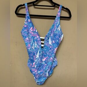 Womens Lilly Pulitzer Blue & Pink Sailboat One-Piece Swimsuit, 12
